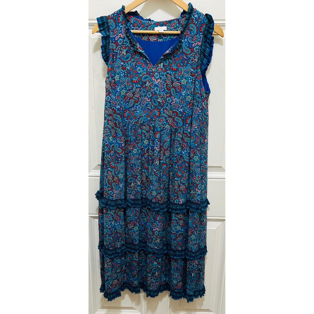 J.Jill Blue Paisley Tiered Ruffle Midi Dress Sleeveless V-Neck Petite‎ Medium - Picture 3 of 7